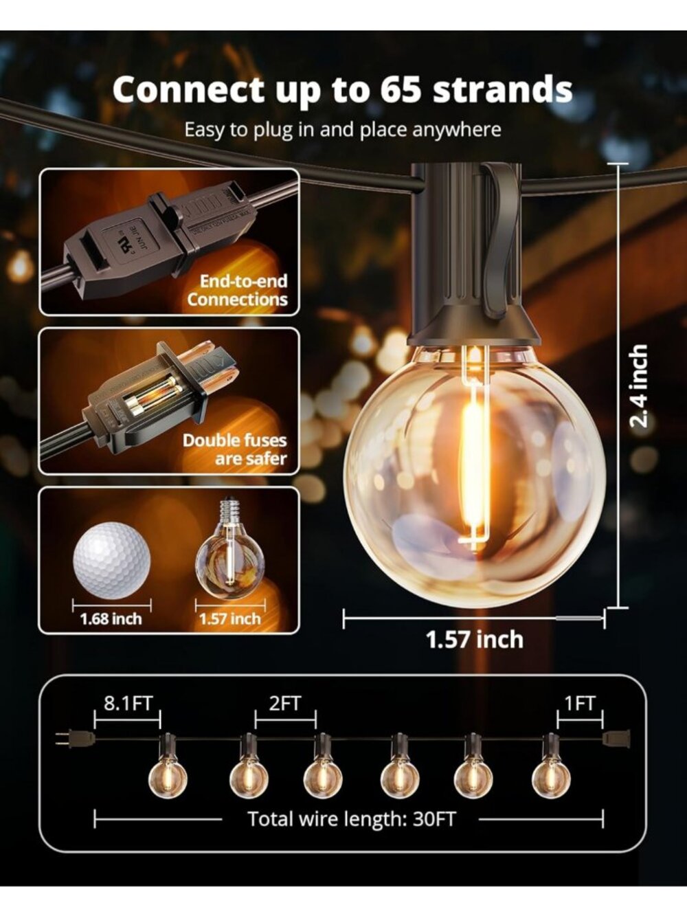 30FT Waterproof Vintage LED Globe String Lights | Dimmable, Shatterproof - Picture 8 of 9